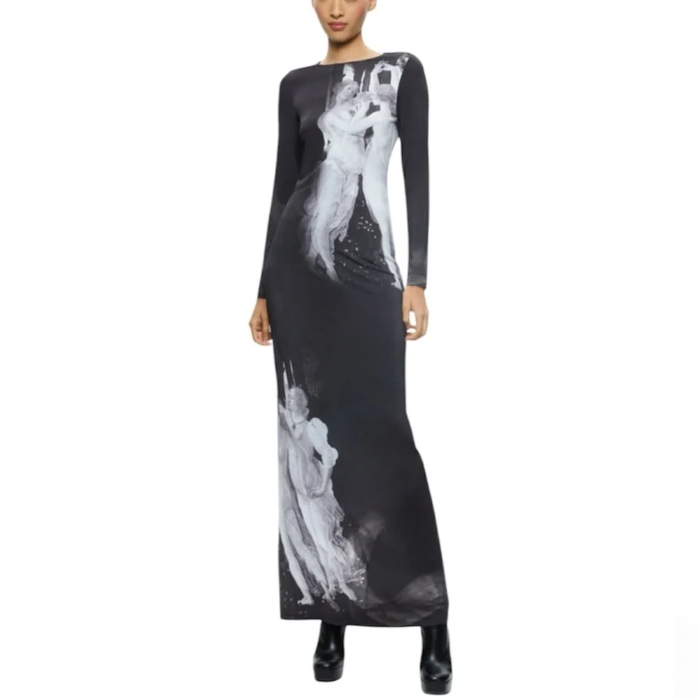Alice and Olivia-NWT Delora Black White Renaissance Fresco Longsleeve Maxi Dress - Picture 1 of 6